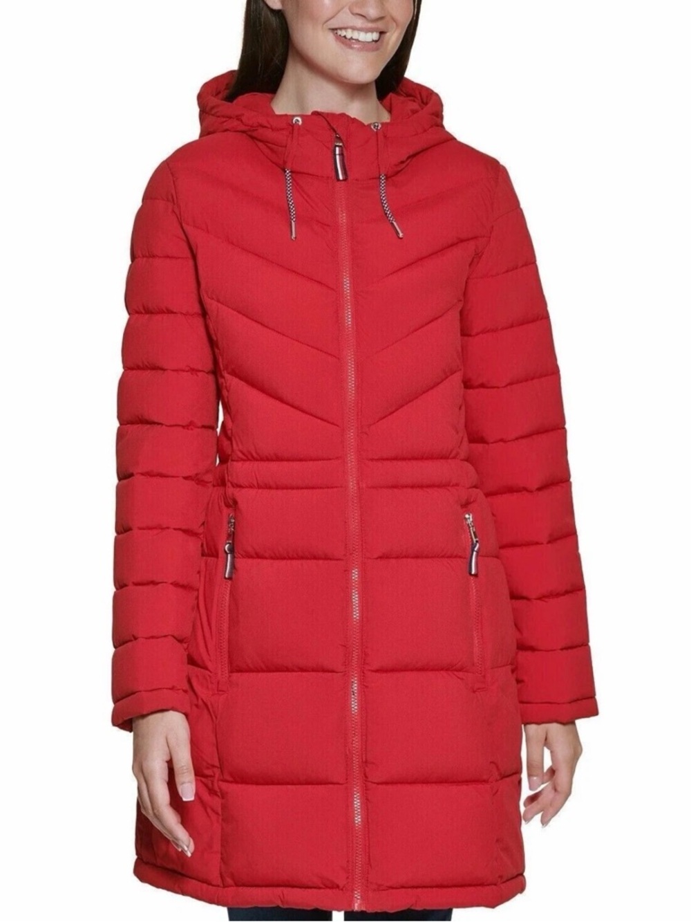 Tommy Hilfiger Red Hooded Long Puffer Coat